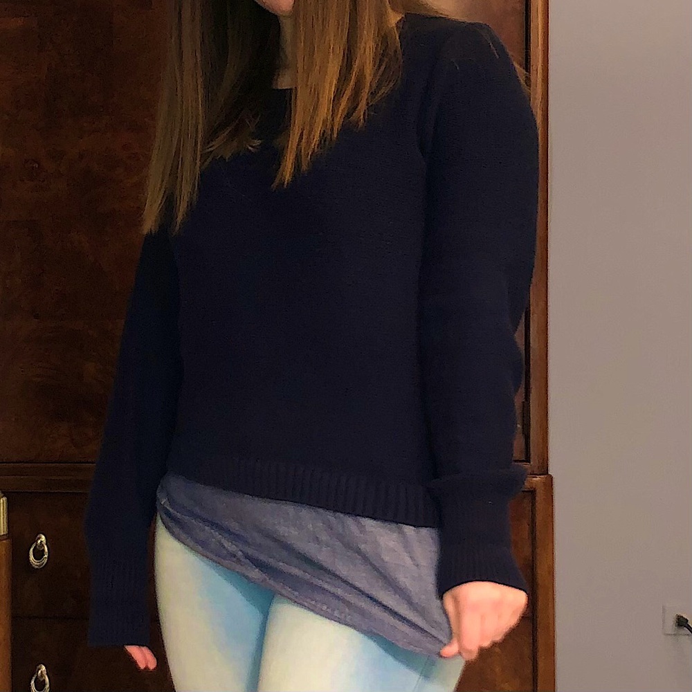 G. H. Bass navy knit sweater with denim underlay